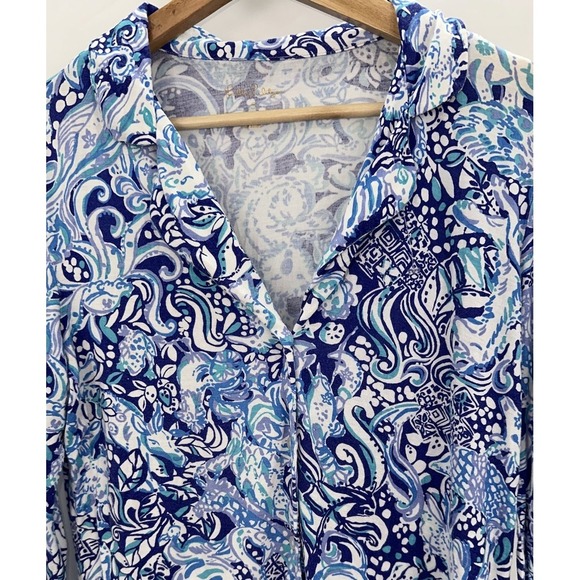 Lilly‎ Pulitzer PJ Button Front Top Womens Blue Hidden Animals Ruffle Sleeve S - Picture 1 of 7